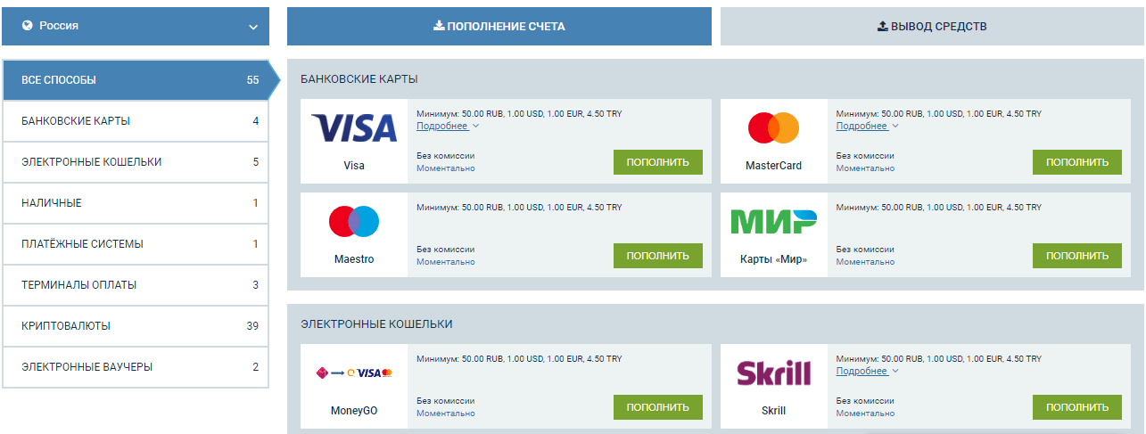 Варианты пополнения счета в системе букмекера